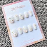Sweet & Dopamine: "White Peach Floral" – Matte Nude Ombre, 3D White Flower & Gold Bead Short Nails
