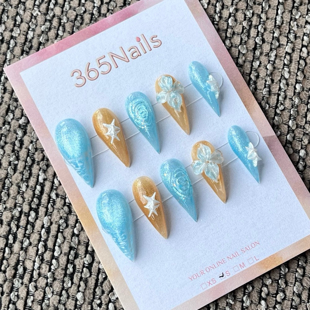 Blue & Gold Shimmer Stiletto Press-On Nails with 3D Charms