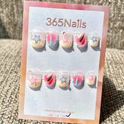 365nails: "Pastel Pink Blue Star Abstract" – Handmade Short Squoval Press-On Nails