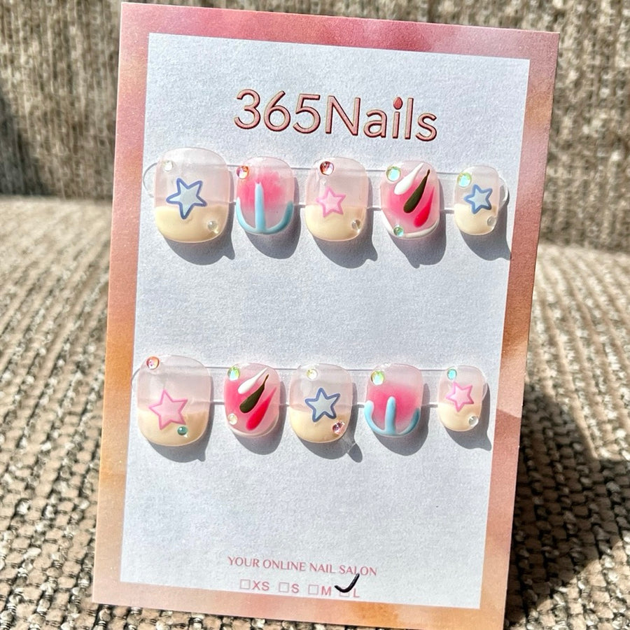 365nails: "Pastel Pink Blue Star Abstract" – Handmade Short Squoval Press-On Nails