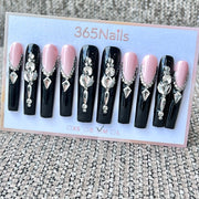 365nails: "Gothic Opulence" – 3D Crystal Cluster Handmade Press on Nails Long Coffin Nails