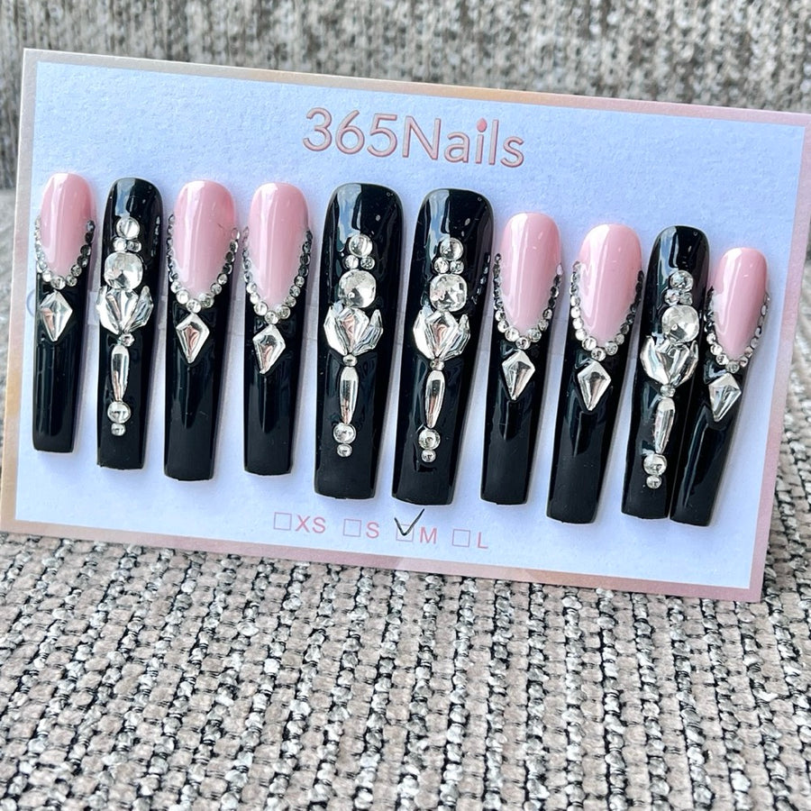 365nails: "Gothic Opulence" – 3D Crystal Cluster Handmade Press on Nails Long Coffin Nails