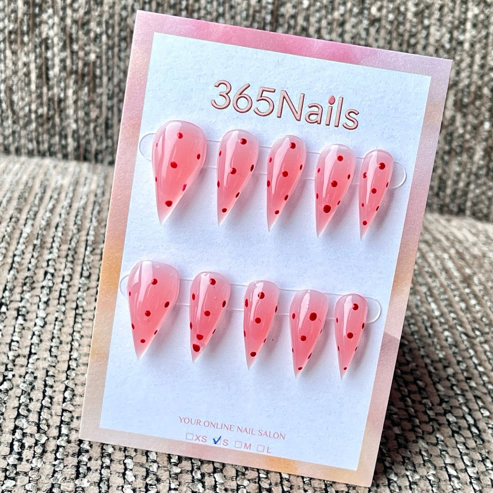 365nails: "Jelly Rose Transparent à Pois Rouges" – Minimal Fait Main Ongles Longs Forme Stiletto