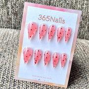 365nails: "Jelly Rose Transparent à Pois Rouges" – Minimal Fait Main Ongles Longs Forme Stiletto
