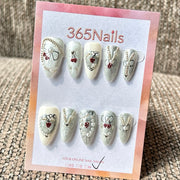 365nails：「草莓心形蕾絲」— 手工製中長款尖形穿戴甲