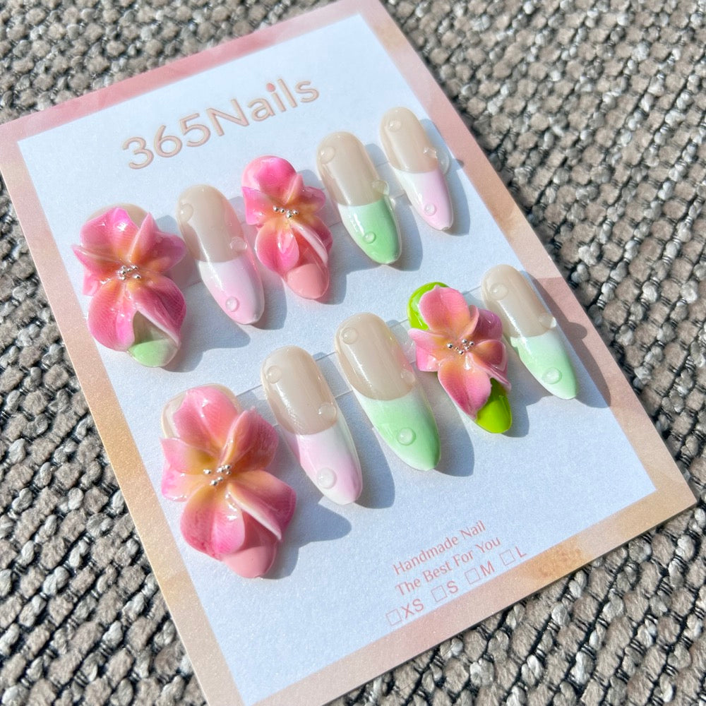 立體花卉系列「晨露綻放」— 3D 粉黃花朵與粉彩綠/粉彩粉法式杏仁形穿戴甲