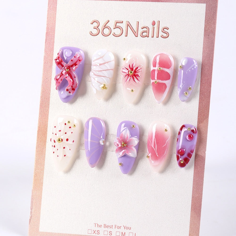 365Nails Lavender & Milky White Mix with Pink Gradient, 3D Florals, and Gold Beads Press-On Nails