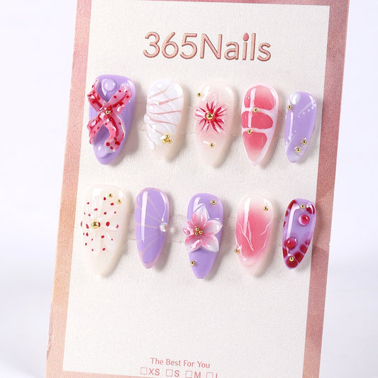 365Nails Lavender & Milky White Mix with Pink Gradient, 3D Florals, and Gold Beads Press-On Nails