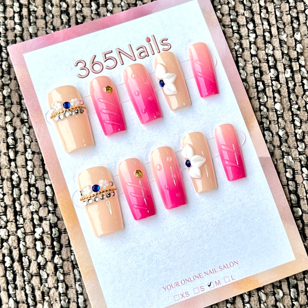 "Peach Pink Crystal Floral" - Wholesale Ultra-Soft Flexible Fit Handmade Nails (MOQ=100)