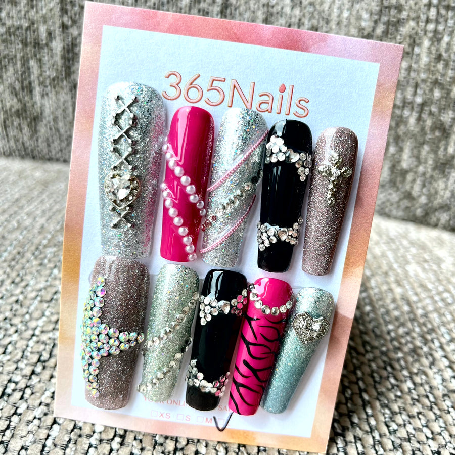 365nails: "Disco Diva" – 3D Rhinestone & Glitter Handmade Coffin Nails