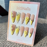Handmade Pastel Yellow 3D Floral & Butterfly Press-on Nails | Milky Swirls & Pearls | Long Stiletto | 10pcs Set