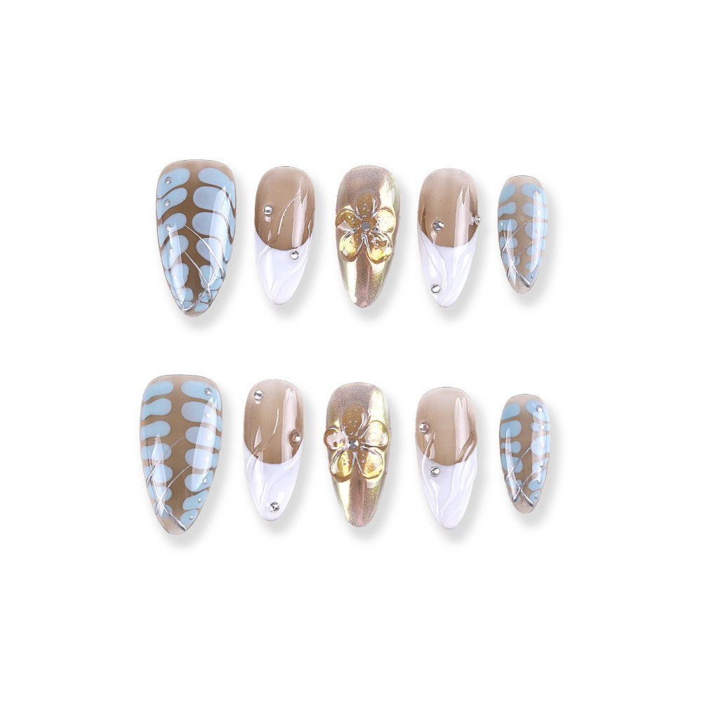 Blue and Gold Geometric Press-On Nails with Metallic Flower Details