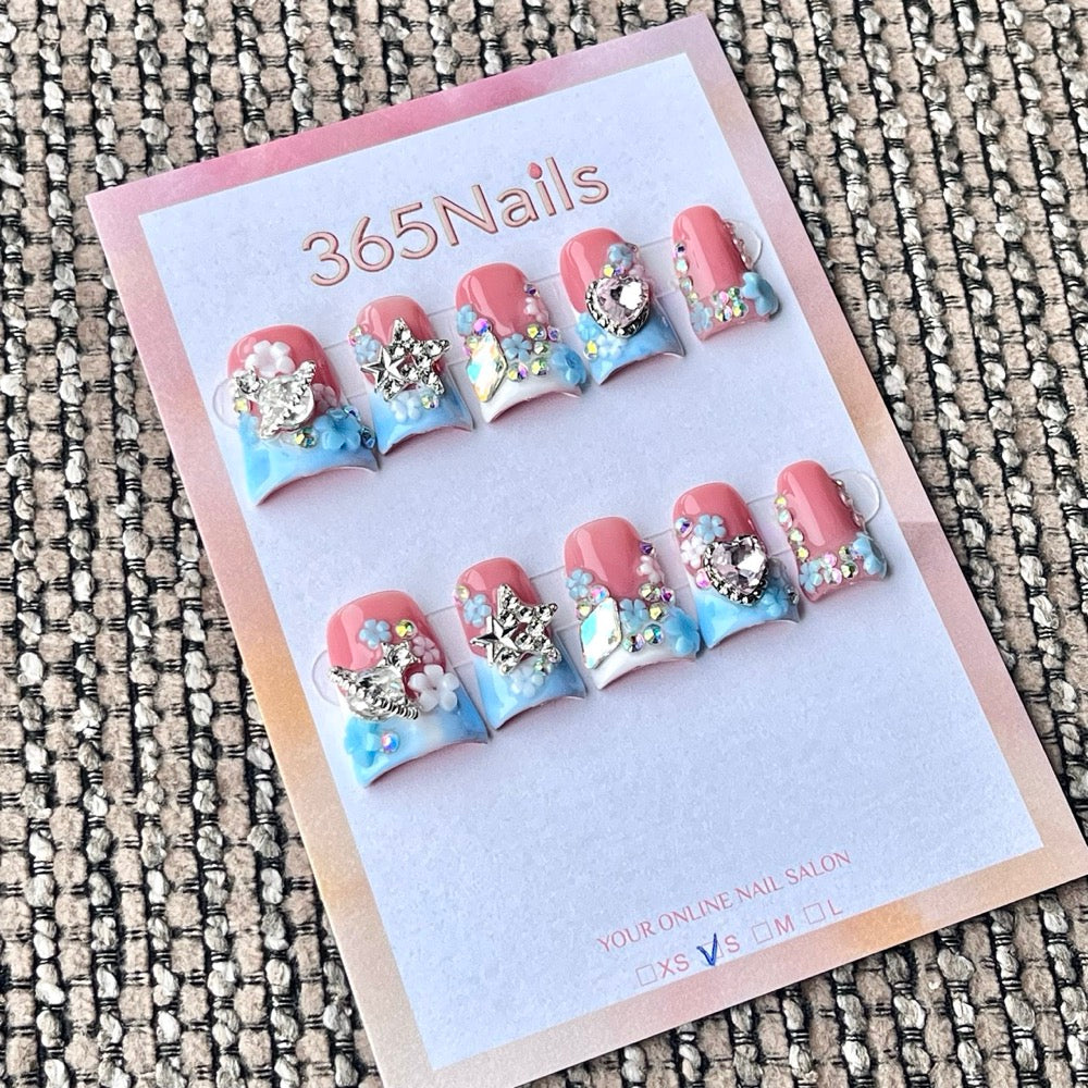 365nails: "핑크 블루 그라데이션 꽃 별 하트 라인스톤" – 카와이 3D 참 수제 미디엄 스퀘어 네일