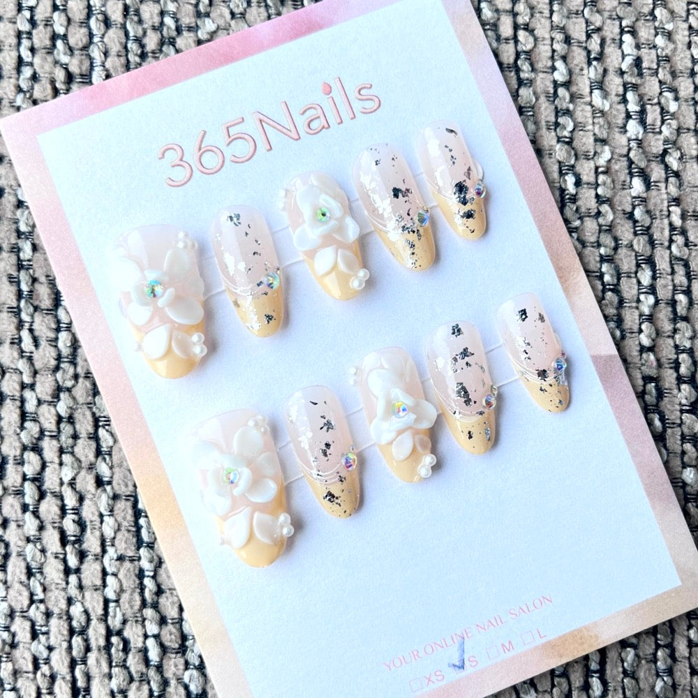 365nails: "Vanilla Bloom" – 3D Floral Handmade Medium Coffin Nails