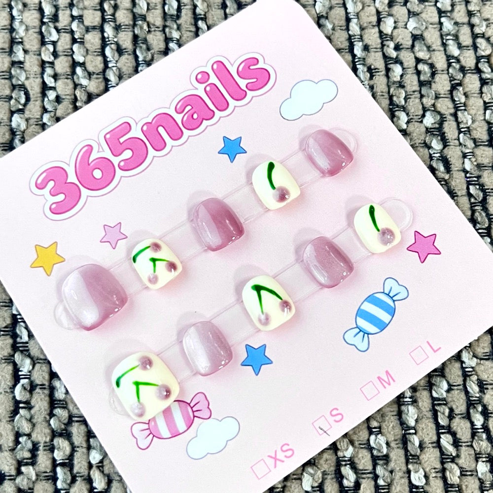365nails: "Cherry Dew" – 3D Fruit Hand-Painted Handmade Short Square Nails