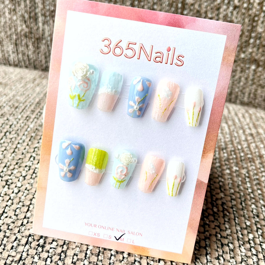 365nails: "Festa no Jardim" – Unhas Quadradas Curtas Feitas à Mão com Pintura Floral