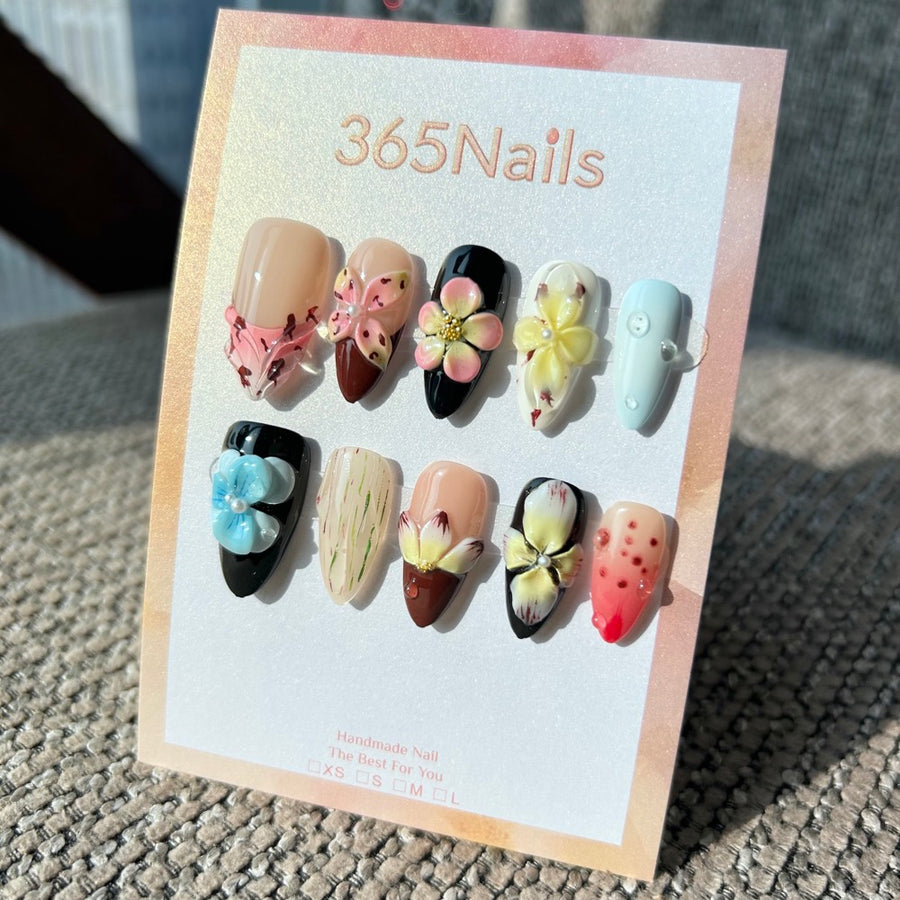 Fait main « Orchidée Vintage » — ongles press-on 3D floraux mixtes | pétales mouchetés & couleurs rétro | forme amande