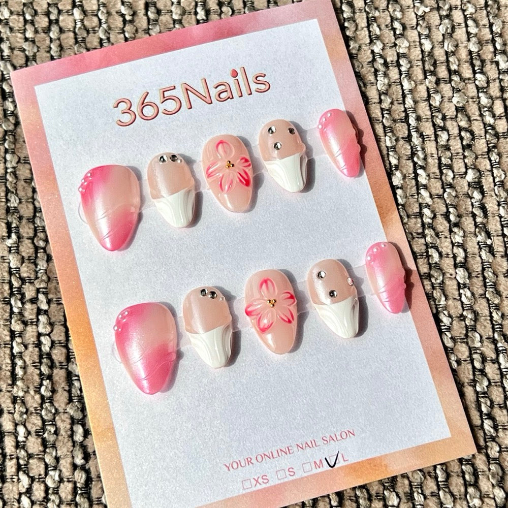 365nails: "Pink Cherry Blossom Gradient" – Handmade Short Almond Press-On Nails