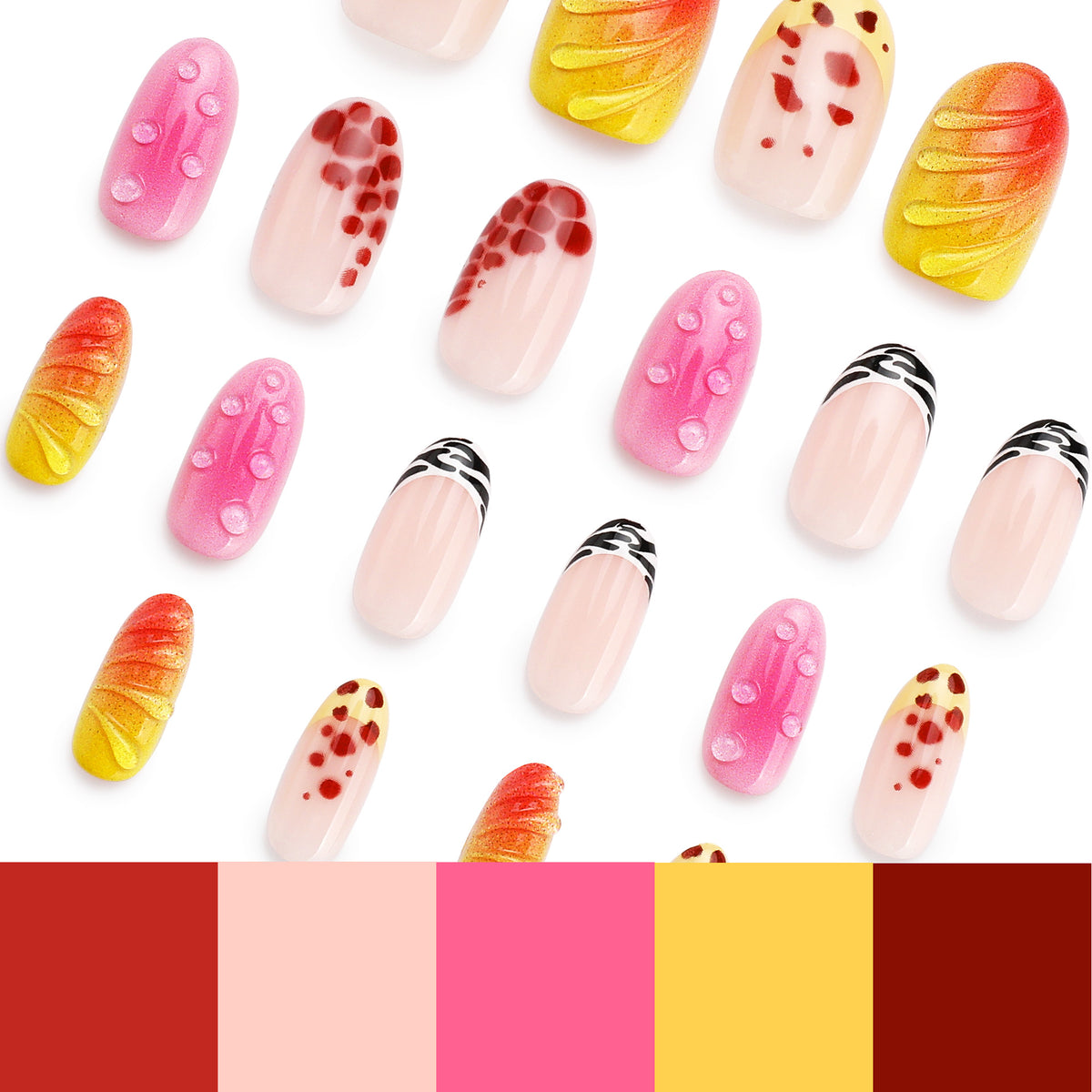 Scattered press-on nails above color swatches of red, pink, and yellow