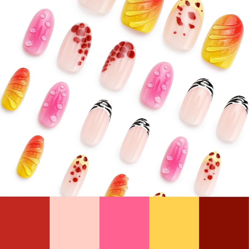 Scattered press-on nails above color swatches of red, pink, and yellow