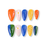 365Nails Dopamine Jelly Press-On Nails Blue Yellow Orange Green Mix with Dew Drops and Daisies