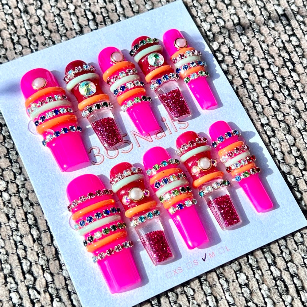 365nails: "Neon Candy Stack" – Handmade Liquid Motion Press-On Medium Square Nails-4cm