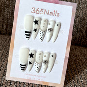 White Star Point - White Black Star Pointed Press-On Nails