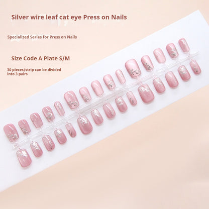 Nail Tips  prefabricated nail gentle silver silk three-dimensional small leaves cat eye fashion ins  press on nails 30 pieces｜365nails
