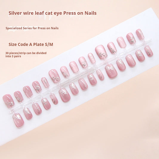 Nail Tips  prefabricated nail gentle silver silk three-dimensional small leaves cat eye fashion ins  press on nails 30 pieces｜365nails