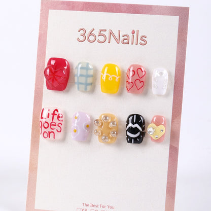 365Nails Playful Mix Set with Hand-Painted Hearts, Letters, Plaid and 3D Bubble Rhinestones – Short Square Press-On Nails