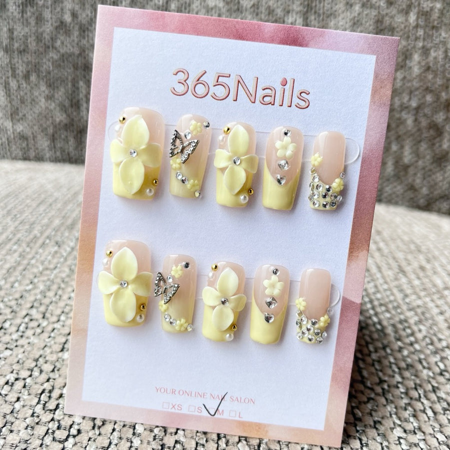365nails: "레몬 쉬폰" – 3D 꽃 장식 수제 아몬드형 네일