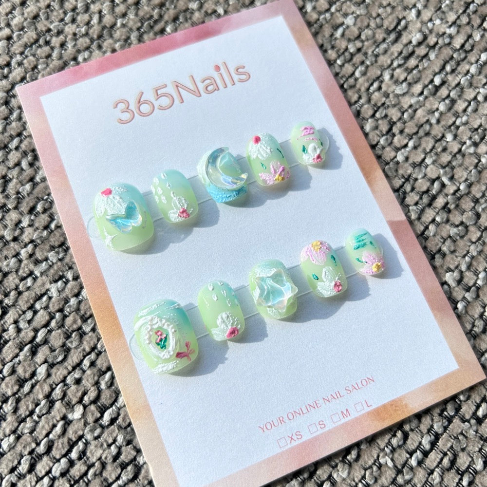 Sweet & Dopamine: "Minty Fairy Tale" – Jelly Mint Green Base, 3D Clear Butterfly, Moon & Star, Impasto Floral Press-on Nails