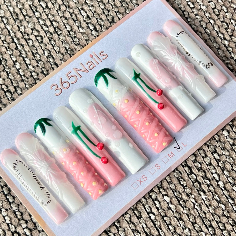 365nails: "Pink Cherry Strawberry" – Handmade Long Trapezoid Press-On Nails