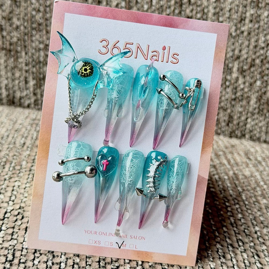 365nails: "Cyan Devil Eye Bat Wing Punk" – 3D Skeleton Piercing Cross Handmade Long Stiletto Nails