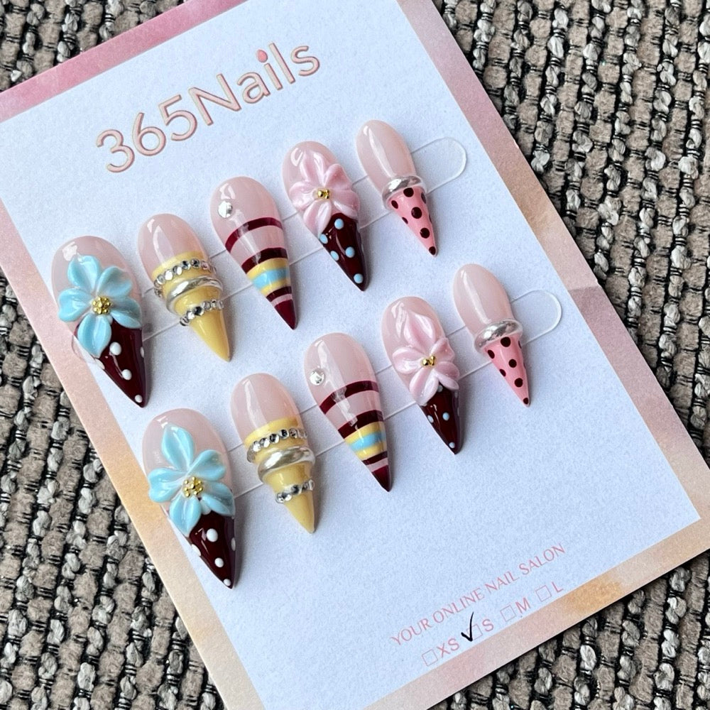 Nude Pink 3D Floral & Polka Dot Press-On Nails