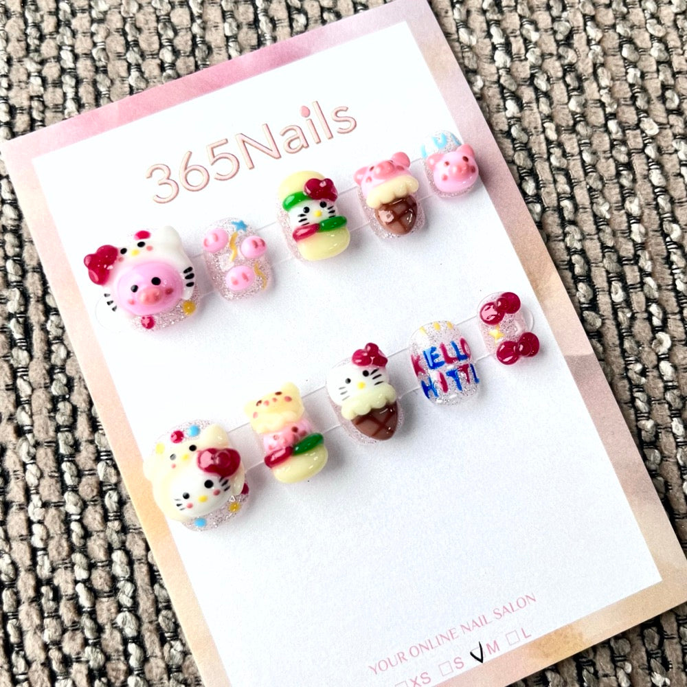 365nails: "Sweet Treats Party" – 3D Character & Pastry Handmade Short Square Nails