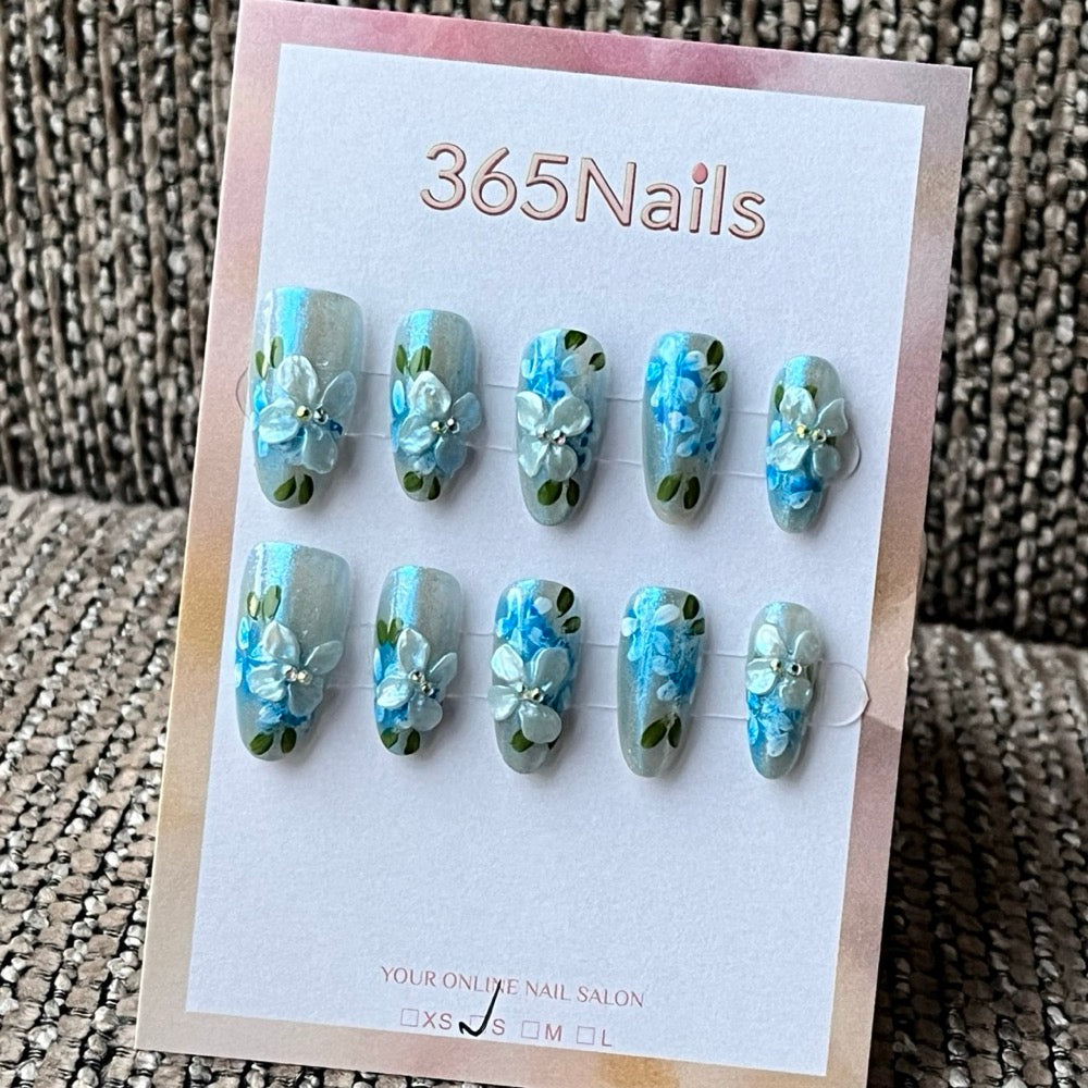 Blue Floral 3D Charm Press-On Nails