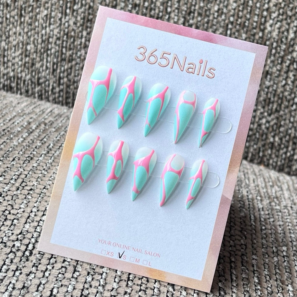 Mint Green and Pink Abstract Graphic Press-On Nails