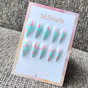 Mint Green and Pink Abstract Graphic Press-On Nails