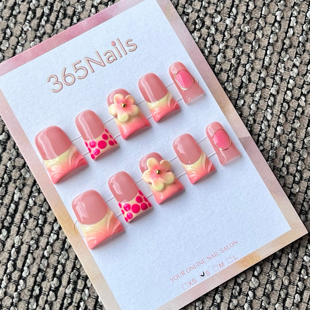 Cute Pink 3D Floral Squoval Press-On Nails