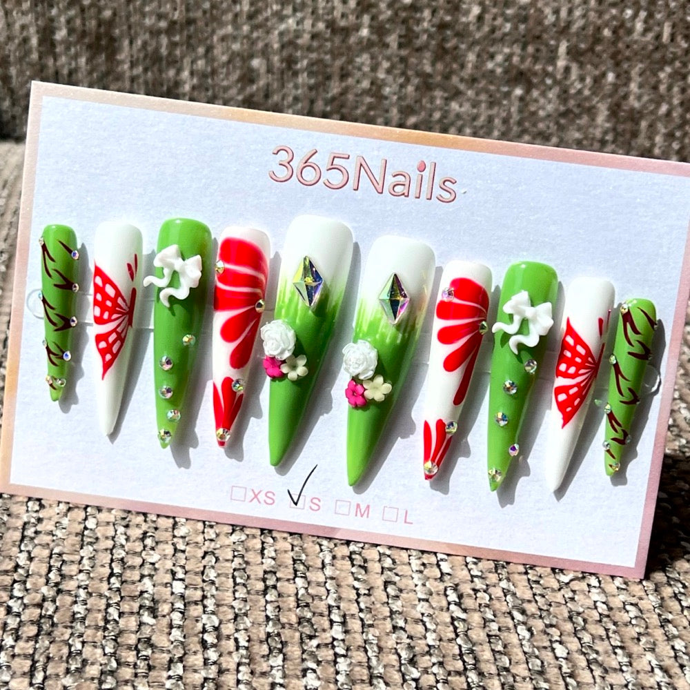 365nails: "Garden Party" – Unhas Stiletto Longas Florais e Borboletas 3D Feitas à Mão