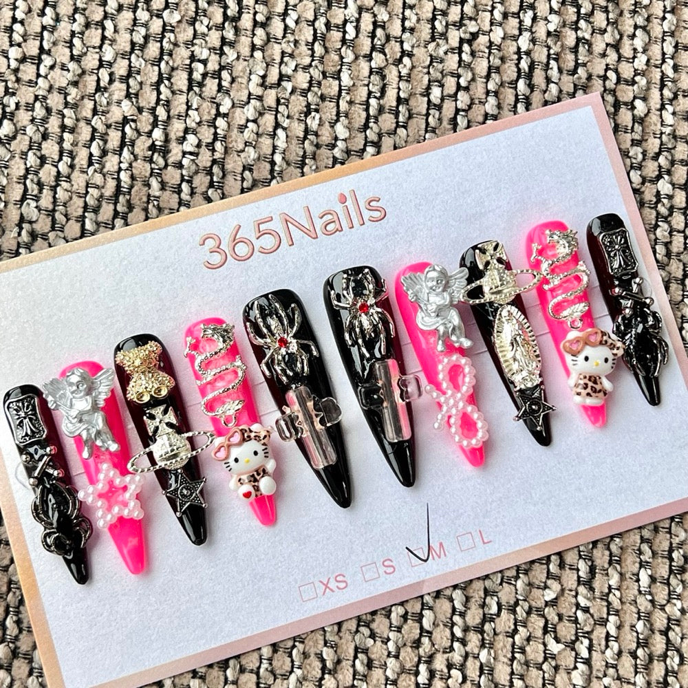365nails: "Gothic Pink Black Hello Kitty" – handmade press-on nails