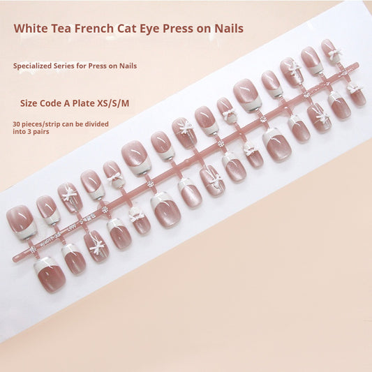Nail Tips  Prefabricated Nail cat eye Bow Milk White French Lines Sweet Girl  Removable Nail Art 30 Pieces｜365nails