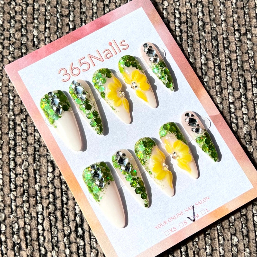 365nails: "Emerald Garden" – 3D Floral & Rhinestone Handmade Almond Nails