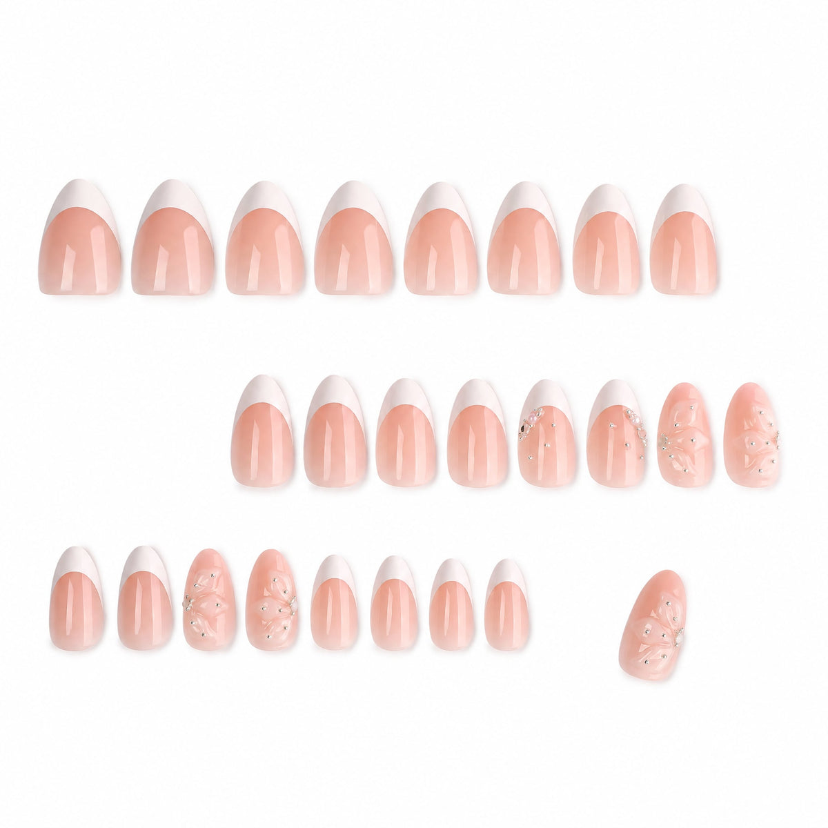 Set of 24 nude French almond press-on nails arranged in rows with a 3D effect detail.