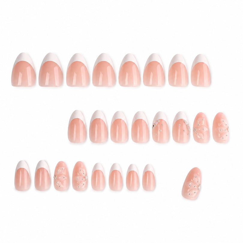 Set of 24 nude French almond press-on nails arranged in rows with a 3D effect detail.