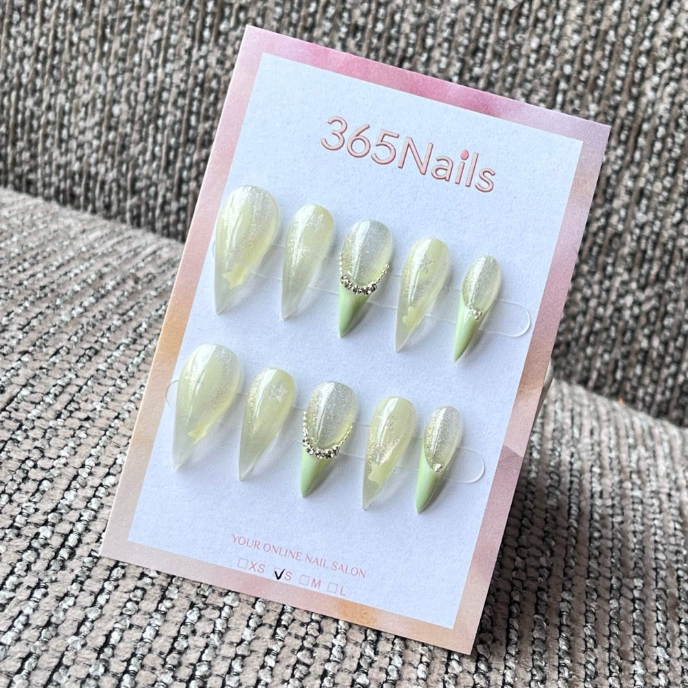 Light Green Jelly Glitter Almond Press-on Nails with Charms