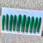 365nails: "Emerald Cascade" – Deep Green Solid Handmade Press on Nails Long Coffin Nails