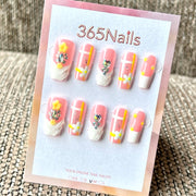 "Pink White French Yellow Flower Crystal" - Wholesale Ultra-Soft Flexible Fit Handmade Nails (MOQ=100)