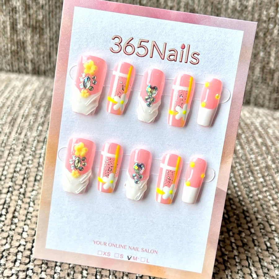 "Pink White French Yellow Flower Crystal" - Wholesale Ultra-Soft Flexible Fit Handmade Nails (MOQ=100)